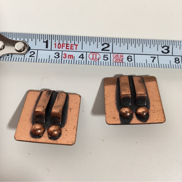 Vintage 60 70 Modernist Matisse Square Copper Wave Clip Earrings MCM - Picture 3 of 11